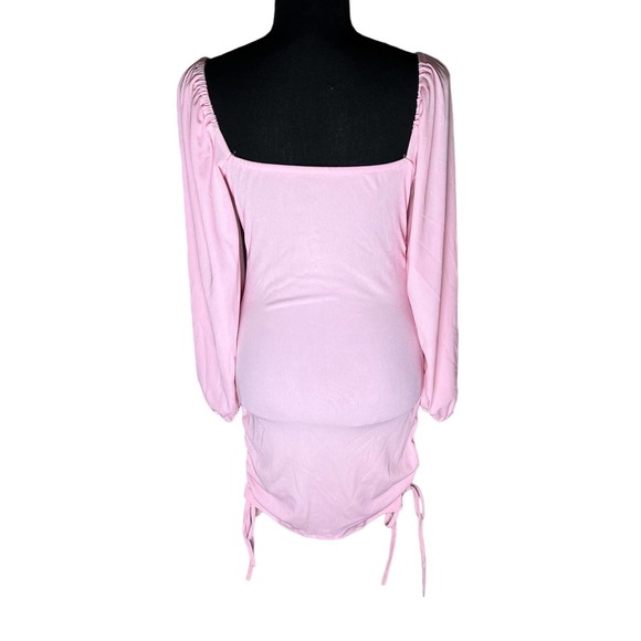 Women Long Puff Sleeve Low Cut Neck Ruched Backless Bodycon Mini Dress - Picture 2 of 3